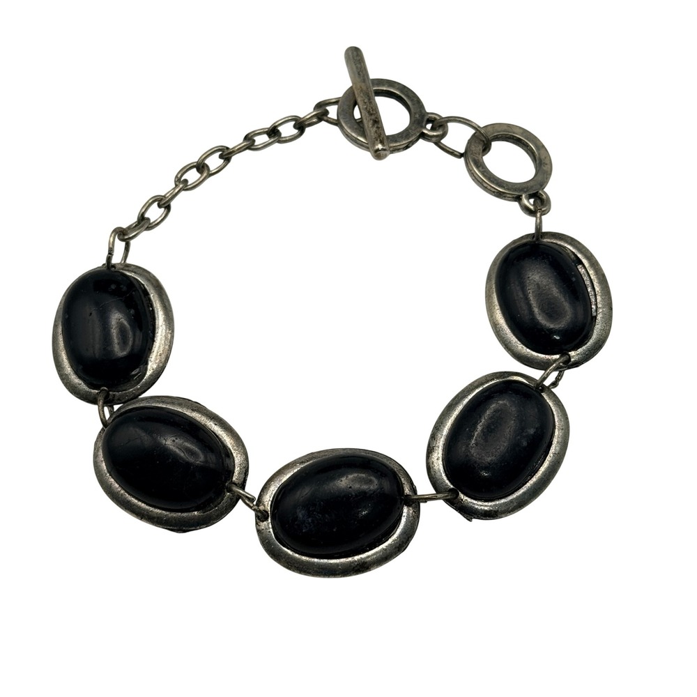 Vintage Oval Black Onyx‎ Style Cabochon Link Bracelet Toggle Clasp Silver Tone